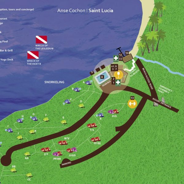 Oversigtskort over Ti Kaye Resort & Spa på St. Lucia